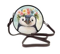 IguaTu Penguin Wearing Flowers Round Leather Shoulder Bag for Women with Detachable Strap, Stylish Crossbody Circle Purse