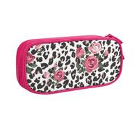 IguaTu Pink Cute Rose Mix Leopard Pattern Pencil Case, Large Capacity Double Layer Student Pencil Case - Durable Oxford Fabric School and Office Supplies Organizer