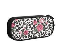 IguaTu Pink Cute Rose Mix Leopard Pattern Pencil Case, Large Capacity Double Layer Student Pencil Case - Durable Oxford Fabric School and Office Supplies Organizer
