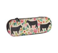 IguaTu Pink Flower Show Steer Cows Cattle Hard Shell Leather Pencil Case & Makeup Organizer - Waterproof Zippered Cosmetic Brush Bag, Compact Travel Pen Pouch for School, Office Gift