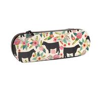 IguaTu Pink Flower Show Steer Cows Cattle Hard Shell Leather Pencil Case & Makeup Organizer - Waterproof Zippered Cosmetic Brush Bag, Compact Travel Pen Pouch for School, Office Gift