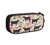 IguaTu Pink Flower Show Steer Cows Cattle Pencil Case, Large Capacity Double Layer Student Pencil Case - Durable Oxford Fabric School and Office Supplies Organizer