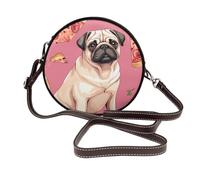 IguaTu Pug Pizza Pink Round Leather Shoulder Bag for Women with Detachable Strap, Stylish Crossbody Circle Purse