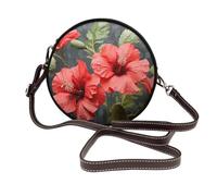 IguaTu Red Flower Green Leaves Round Leather Shoulder Bag for Women with Detachable Strap, Stylish Crossbody Circle Purse