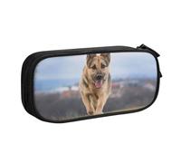 IguaTu Running German Shepherd Dog Pencil Case, Large Capacity Double Layer Student Pencil Case - Durable Oxford Fabric School and Office Supplies Organizer