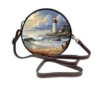 IguaTu Sea Lighthouse Sandbeach Round Leather Shoulder Bag for Women with Detachable Strap, Stylish Crossbody Circle Purse