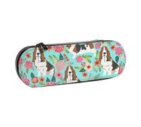 IguaTu Sweet Basset Hound Florals Hard Shell Leather Pencil Case & Makeup Organizer - Waterproof Zippered Cosmetic Brush Bag, Compact Travel Pen Pouch for School, Office Gift