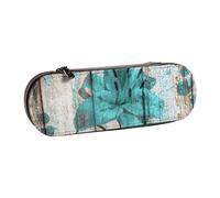 IguaTu Teal Flower On Wooden Plank Hard Shell Leather Pencil Case & Makeup Organizer - Waterproof Zippered Cosmetic Brush Bag, Compact Travel Pen Pouch for School, Office Gift