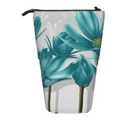 IguaTu Teal Grey and White Floral Expandable Pencil Case, Telescopic Stationery Organizer, Durable Oxford Fabric Multi-Use Bag for Pens, Makeup