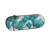 IguaTu Teal Grey and White Floral Hard Shell Leather Pencil Case & Makeup Organizer - Waterproof Zippered Cosmetic Brush Bag, Compact Travel Pen Pouch for School, Office Gift