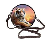 IguaTu Tiger Colorful Sunset Round Leather Shoulder Bag for Women with Detachable Strap, Stylish Crossbody Circle Purse