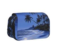IguaTu Tropical Beach Palm Tree Night Double-Layer Pencil Case, Oxford Fabric Pen Pouch with Zipper and Flap, Large Capacity Stationery Bag for School Office Travel
