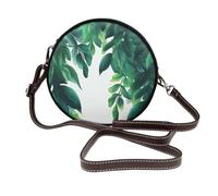 IguaTu Tropical Green Leaves Round Leather Shoulder Bag for Women with Detachable Strap, Stylish Crossbody Circle Purse