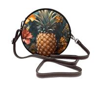 IguaTu Tropical Pineapple Hawaiian Round Leather Shoulder Bag for Women with Detachable Strap, Stylish Crossbody Circle Purse