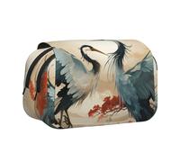 IguaTu Two Japanese Cranes Flying Traditional Painting Double-Layer Pencil Case, Oxford Fabric Pen Pouch with Zipper and Flap, Large Capacity Stationery Bag for School Office Travel