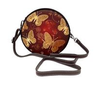 IguaTu Valentine Hearts Golden Butterfly Round Leather Shoulder Bag for Women with Detachable Strap, Stylish Crossbody Circle Purse