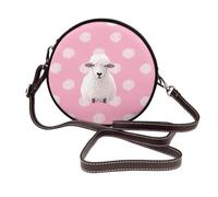 IguaTu White sheep on pink background Round Leather Shoulder Bag for Women with Detachable Strap, Stylish Crossbody Circle Purse