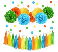 IGUO Monster Bash Party Decorations - 30Pcs Yellow Blue Green Orange Tissue Pom Poms Monster Party Favors 1st Birthday Supplies Paper Tassel Garland for Girls Boys Baby Shower Kids Party Supplies