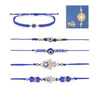 IGXX 5Pcs Blue Evil Eye Rakhi Bracelets for Brothers & Sisters Adjustable 16-26cm with Greeting Card Sikh Gift Set for Raksha Bandhan,Bhai Dooj,Rakhri,Protection Amulet,Women Men
