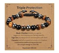 IGXX Genuine Tiger Eye Crystal Bracelet for Men - 8mm Stretch Beaded Bracelet (Tiger Eye, Hematite, Black Obsidian) - Protection Gift for Him Dad Son - 7 Inch Natural Stone Men's Bracelet