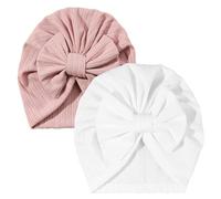 IGXX Newborn Baby Hat 2-Pack, Soft Stretchy Turban with Bow, Polyester Infant Cap for 0-6 Months Baby Girls, White and Pink