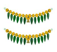 iHandikart Artificial Marigold Flowers with Mango Leaf Door with Bell at The Bottom Hanging Bandanwar|Diwali Decoration Item, Size 38x8 Inch, Colour Yellow Pack of 2 (31386-2)