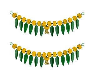 iHandikart Artificial Marigold Flowers with Mango Leaf Door with Bell at The Bottom Hanging Bandanwar|Diwali Decoration Item, Size 38x8 Inch, Colour Yellow Pack of 2 (31386-2)
