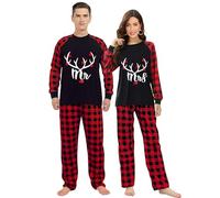 iHapHap Mr Mrs Deer Horn Couple Black Christmas Matching Pajamas Set For Couples(S,Mom)