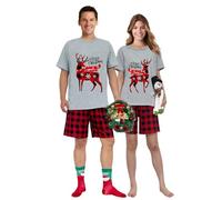 iHapHap Mr Mrs Deer Merry Christmas Couple Grey Short Christmas Matching Pajamas Set(M,Mom)