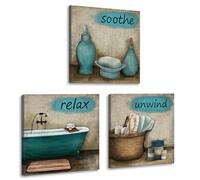 iHAPPYWALL 3 Pieces Bathroom Canvas Wall Art Teal Style Bathtub Bath Set Towel Relax Soothe Unwind Bathroom Still Life Picture Poster Print On Canvas Stretched and Framed Ready to Hang