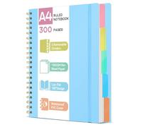ihaspoko A4 Notebook with Dividers - 100GSM No-Bleed Paper, 300 Pages, PVC Hardcover, Spiral Project Book for School, Office & Gifts (Blue)