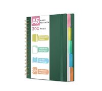 ihaspoko A5 Notebook with Dividers - 100GSM No-Bleed Paper, 300 Pages, PVC Hardcover, Spiral Project Book for School, Office & Gifts (Dark Green)