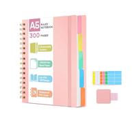 ihaspoko A5 Notebook with Dividers - 100GSM No-Bleed Paper, 300 Pages, PVC Hardcover, Spiral Project Book for School, Office & Gifts (Pink)