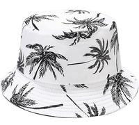 IHAUIUE Coconut Tree Print Bucket Hat Summer Beach Fisherman Cap Travel Packable Reversible Sun Hats for Women, Men, Black Tree White Hat, Large