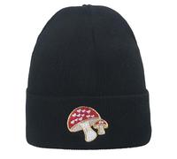 IHAUIUE Novelty Embroidered Beanie Hat Halloween Knitted Cuffed Skull Cap Double Layer Winter Watch Hats for Women, Men, Two Mushroom, Black, One size