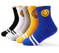 IHAUIUE Smiley Face Embroidered Crew Socks Candy Color Boot Sock Cute Graphic Dress Socks for Women, Ladies, Girls, Strieps 5 Packs, Medium-Large