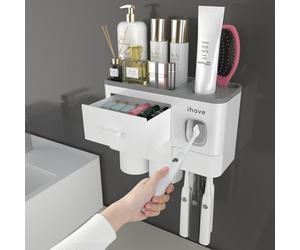 iHave Toothbrush Holder Bathroom Decor, 2 Cups Toothbrush Holder Wall Mounted with Toothpaste Dispenser, Bathroom Accessory Tooth Brush Holder with Large Capacity Tray, Cosmetic Drawer