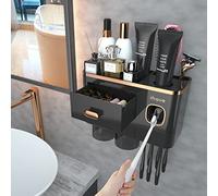 iHave Toothbrush Holder Black Bathroom Accessories, Wall Mounted Toothbrush Holder with Toothpaste Dispenser & 2 Cups, Large Capacity Tray, Cosmetic Drawer, Bathroom Decor & Bathroom Organiser