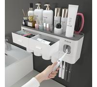 iHave Toothbrush Holder for Bathroom, 4 Cups Toothbrush Holder Wall Mounted with Toothpaste Dispenser - Large Capacity Tray, 2 Cosmetic Drawer - Bathroom Storage & Organisation