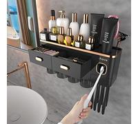 iHave Toothbrush Holder for Bathroom with Automatic Toothpaste Dispenser, 4 Cups Toothbrush Holder Wall Mounted with Large Capacity Tray, 2 Cosmetic Drawer, Bathroom Organiser & Bathroom Storage