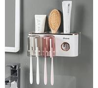 iHave Wall Mounted Toothbrush Holders with Toothpaste Dispenser, Featuring 2 Cups, 6 Slots, and 2 Compartments Organizer for Bathroom Essentials, Premium White & Gold Elegant Design for Bathroom Decor