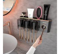 iHave Wall Mounted Toothbrush Holders with Toothpaste Dispenser, Featuring 3 Cups, 9 Slots, and 3 Compartments Organizer for Bathroom Essentials, Luxury Black & Gold Elegant Design for Bathroom Decor