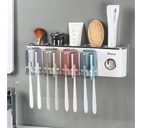 iHave Wall Mounted Toothbrush Holders with Toothpaste Dispenser, Featuring 4 Cups, 12 Slots,and 4 Compartments Organizer for Bathroom Essentials,Premium White & Gold Elegant Design for Bathroom Decor