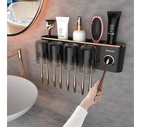 iHave Wall Mounted Toothbrush Holders with Toothpaste Dispenser, Featuring 4 Cups, 12 Slots, and 4 Compartments Organizer for Bathroom Essentials, Luxury Black & Gold Elegant Design for Bathroom Decor