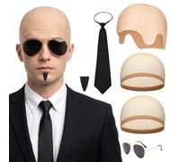 IHCEMIH 5-Piece Bald Cap Set Pitbull Costume Bald Cap Silicone with Sunglasses Tie Beard Wig Net for Men Women Adults Halloween Carnival Cosplay Fancy Dress Party Concert