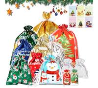 IHCEMIH Christmas Bags 36Pcs Xmas Foil Wrapping Drawstring Gift Bag For Presents 13 Designs with Tags Multipack Small Medium Large Assorted Treat Goody Wrap Bag Santa Sacks Party Holiday Decorations