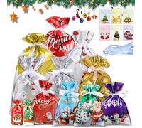 IHCEMIH Christmas Bags 36Pcs Xmas Foil Wrapping String Gift Bag For Presents 12 Designs with Ties Tags Multipack Small Medium Large Assorted Treat Goody Wrap Bag Santa Sacks Party Holiday Decorations