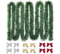 IHCEMIH Christmas Garland, Xmas Green Garlands with Bows 32.8ft Long Chunky Thick Artificial Tinsel Indoor Outdoor Decorations New Year Festive Party Home Decor for Tree Stairs Fireplace Wall Door