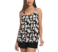 IHCEMIH Swimming Costume Women Tankinis Sets Push up Tummy Control High Waisted Swimwear Swimsuits Bathing Suit Beach Wear Women's Two Pieces Floral Blouson Tankini with Black Shorts for Ladies XXL