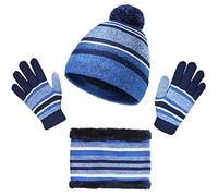 IHCEMIH Winter Beanie Hat Scarf Gloves Set 3 in 1 Girls Boys Knitted Cap Neck Warmer Magic Mitten Fleece Lining Thermal 3pcs Winter Accessories Sets Sports Outdoor Gifts for Children Kids Blue